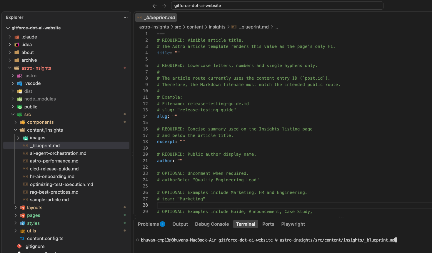The project tree showing the blueprint file in the Insights content folder